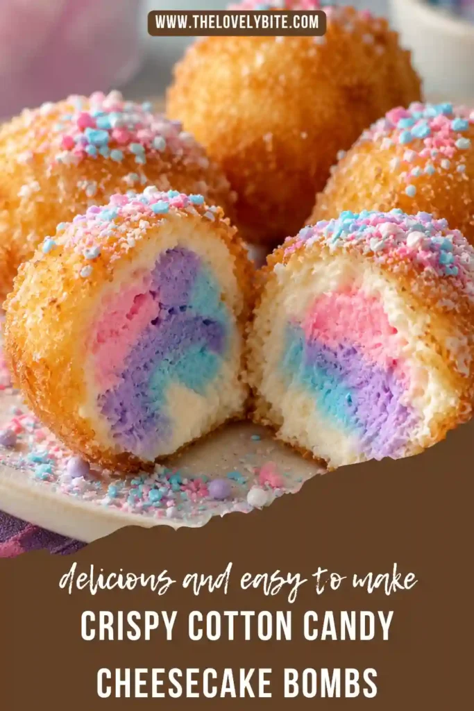 Golden fried cheesecake bombs with creamy cotton candy filling served as a carnival-inspired dessert.