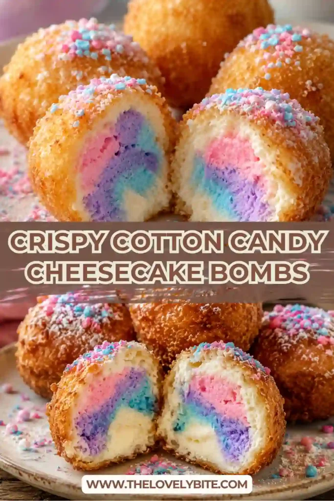 Crispy Cotton Candy Cheesecake Bombs topped with fluffy cotton candy and powdered sugar on a colorful dessert platter.