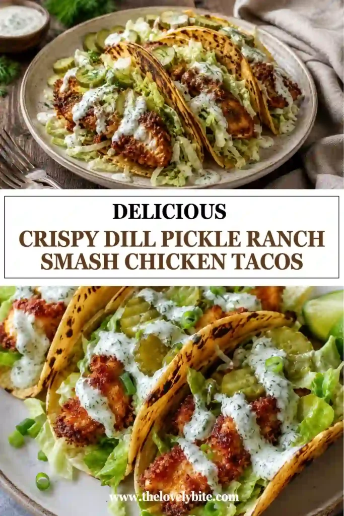 Fresh Crispy Dill Pickle Ranch Smash Chicken Tacos served on warm corn tortillas with shredded lettuce, cheddar cheese, dill pickles, ranch dressing, and sour cream. The tacos feature crispy smashed chicken with golden edges.