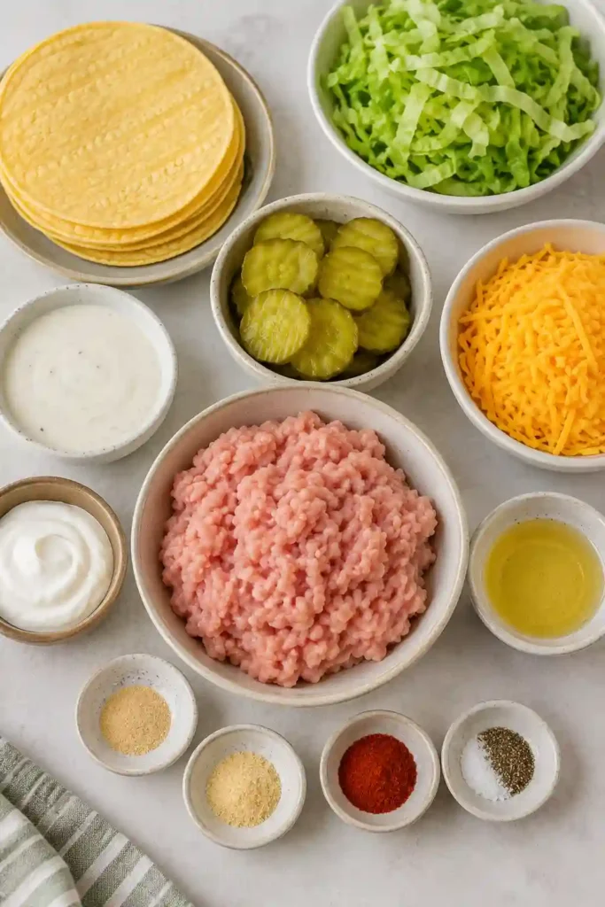 Golden crispy ground chicken smash tacos layered with dill pickles, cheddar cheese, lettuce, ranch dressing, and sour cream for a flavorful weeknight meal.