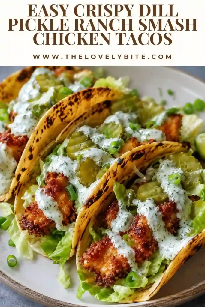 Close-up of crispy smash chicken tacos topped with ranch dressing, cheddar cheese, shredded lettuce, and crunchy dill pickle slices on corn tortillas. A delicious and easy taco dinner.