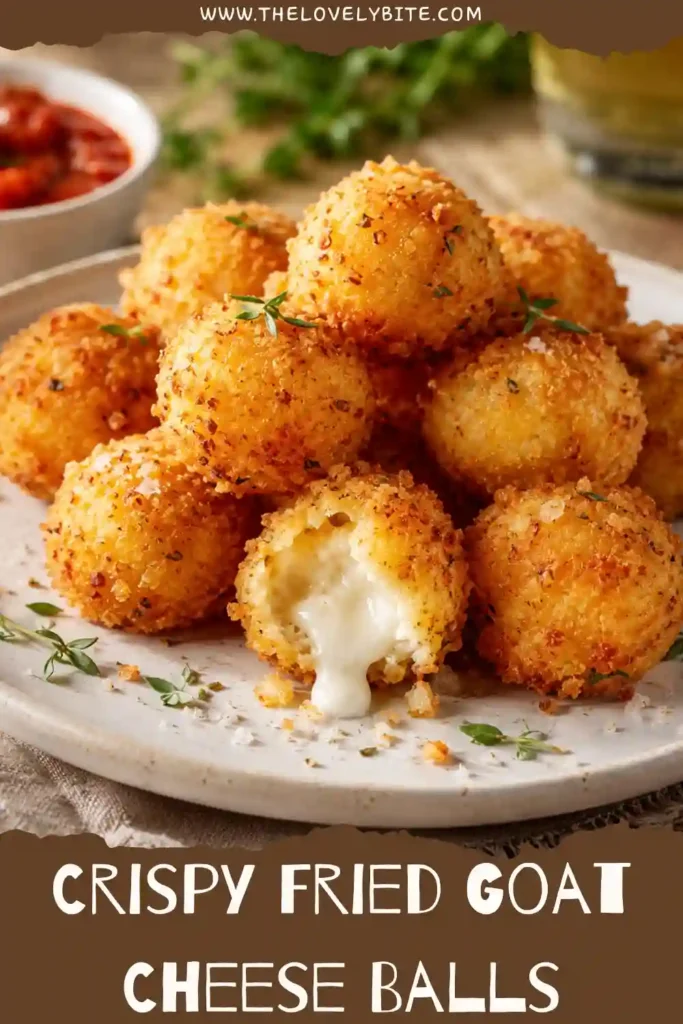 Crispy Fried Goat Cheese Balls served with honey dipping sauce on a rustic wooden serving board.