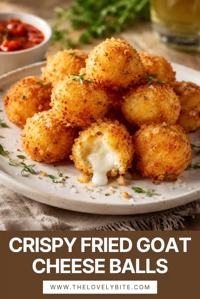 Golden panko-coated goat cheese balls with creamy centers and fresh thyme garnish.