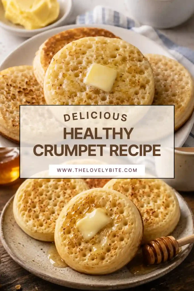 Freshly toasted crumpets topped with melting butter and honey alongside a cup of tea. A traditional British breakfast recipe.