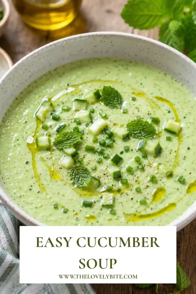 1. Creamy chilled Cucumber Soup served in a bowl and topped with diced cucumber, fresh chives, mint leaves, and a drizzle of rapeseed oil.