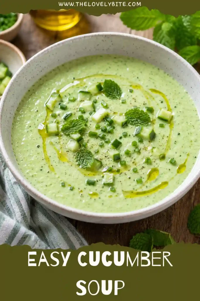 3. Cold cucumber soup made with Greek yogurt, fresh mint, tarragon, and chives in a rustic serving bowl.