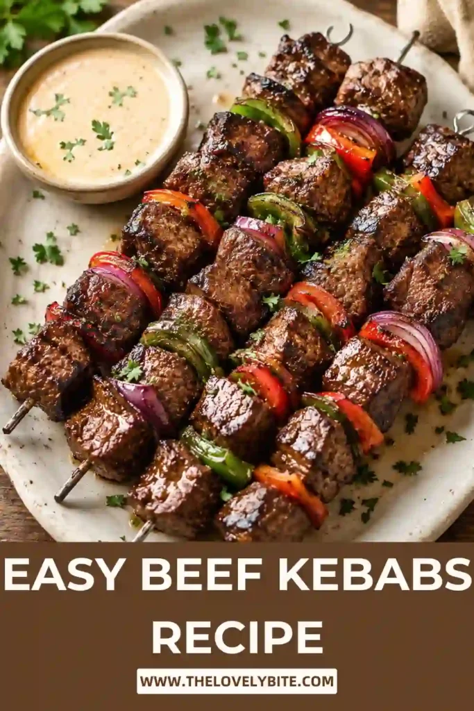 Grilled Beef Kebabs with marinated steak, colorful bell peppers, onions, and mushrooms cooked until lightly charred.