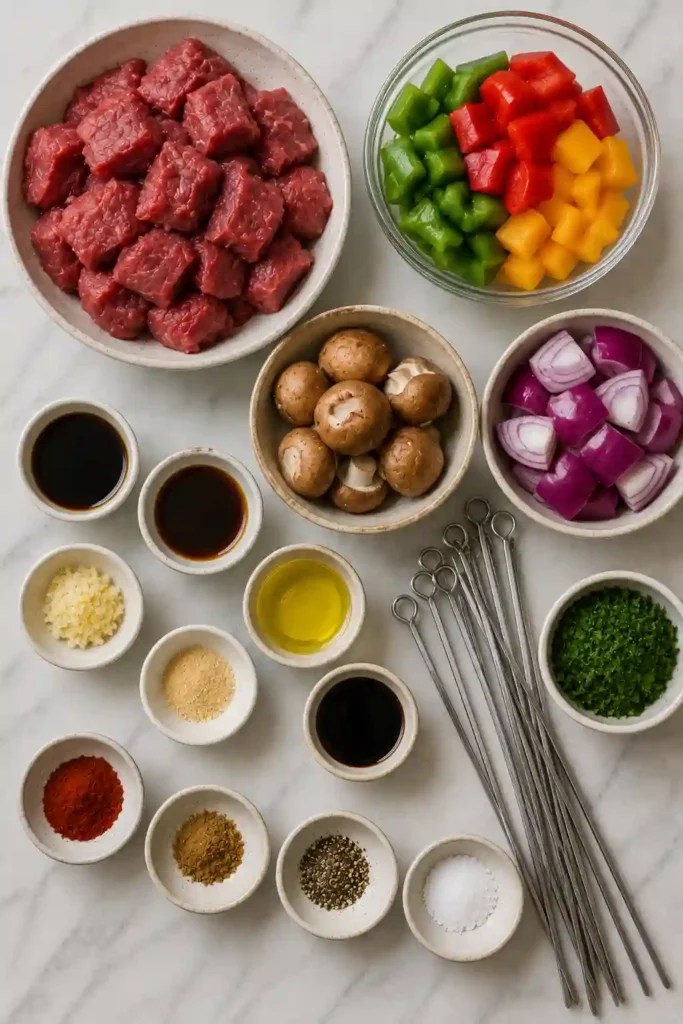 Mediterranean-style Beef Kebabs featuring tender marinated beef and colorful vegetables served fresh from the grill.