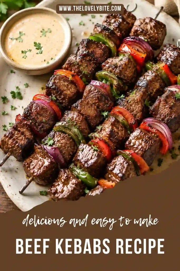 Juicy beef skewers loaded with tender steak and fresh vegetables on a serving platter with chopped parsley.