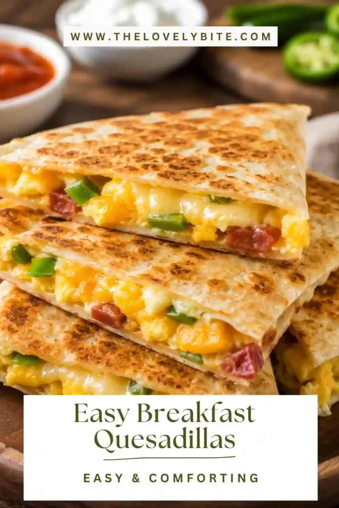 Close-up of crispy Easy Breakfast Quesadillas with cheesy egg filling and diced bell peppers, perfect for a quick family breakfast.