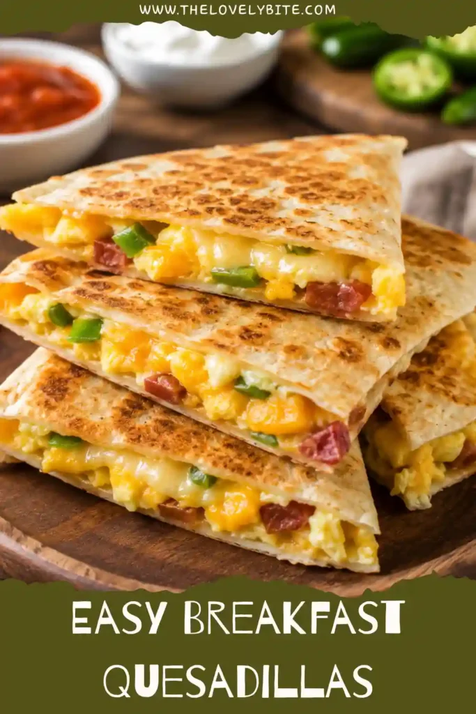 Golden breakfast quesadilla stuffed with melted cheddar cheese, scrambled eggs, and turkey ham, served warm for breakfast.