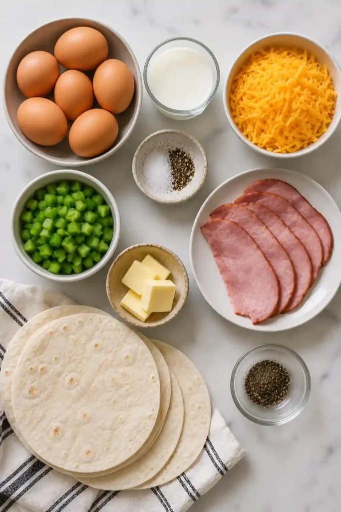 Homemade Easy Breakfast Quesadillas with scrambled eggs, turkey ham, cheddar cheese, and golden toasted tortillas.
