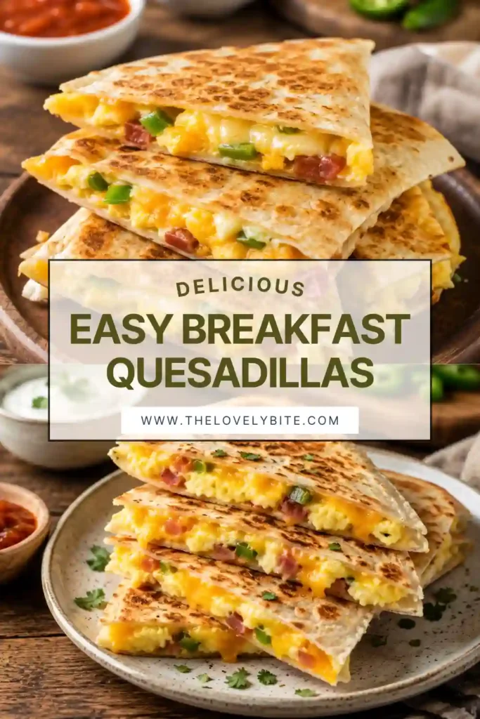 Easy Breakfast Quesadillas filled with fluffy scrambled eggs, turkey ham, cheddar cheese, and green peppers, sliced into wedges on a serving plate.