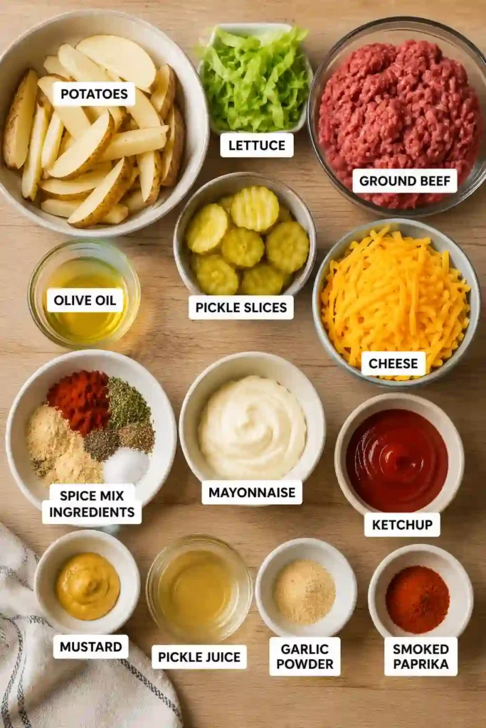A bowl filled with crispy roasted potatoes, seasoned ground beef, shredded lettuce, cheese, pickles, and creamy homemade burger sauce. This Burger Bowls recipe is an easy family dinner packed with classic cheeseburger flavors.