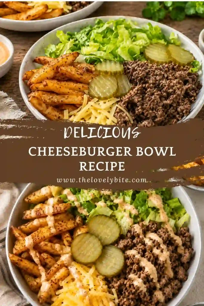 Fresh Burger Bowls topped with juicy seasoned beef, melted cheese, crisp lettuce, golden potatoes, and tangy pickles. A hearty and satisfying cheeseburger bowl perfect for weeknight meals.