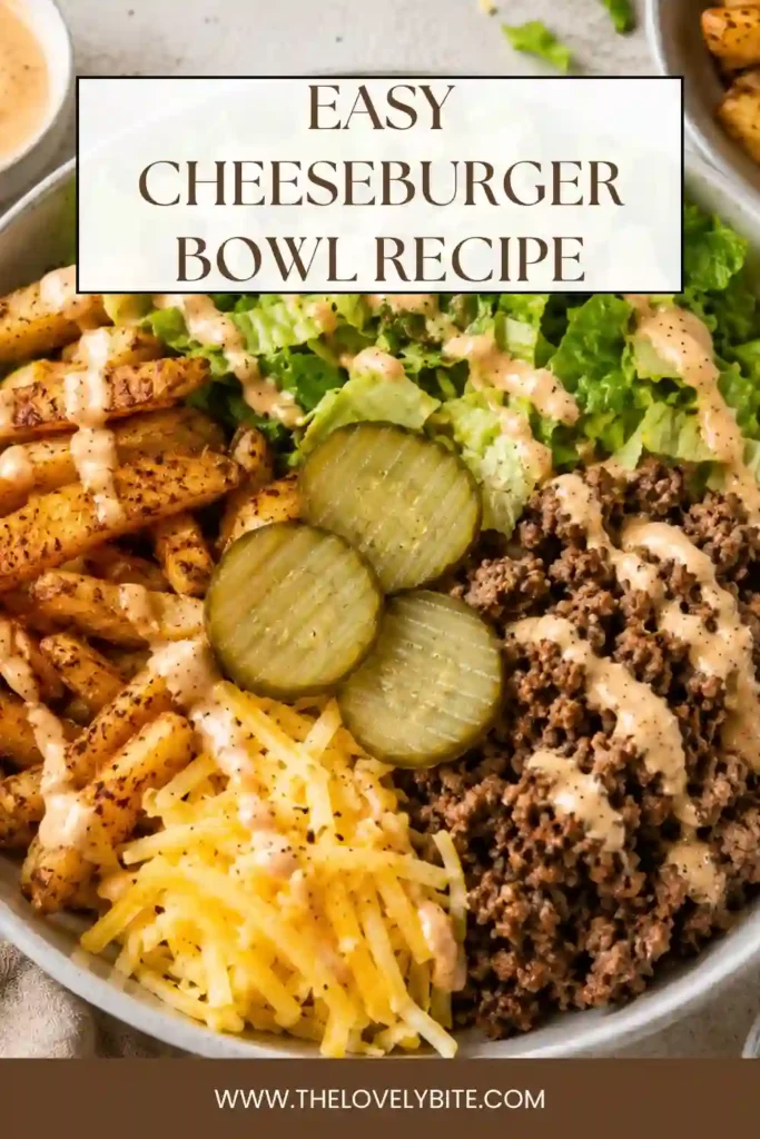 Close-up of a homemade beef burger bowl featuring crispy potatoes, fresh lettuce, seasoned beef, cheese, and creamy burger sauce. A flavorful gluten-free dinner option with simple ingredients.