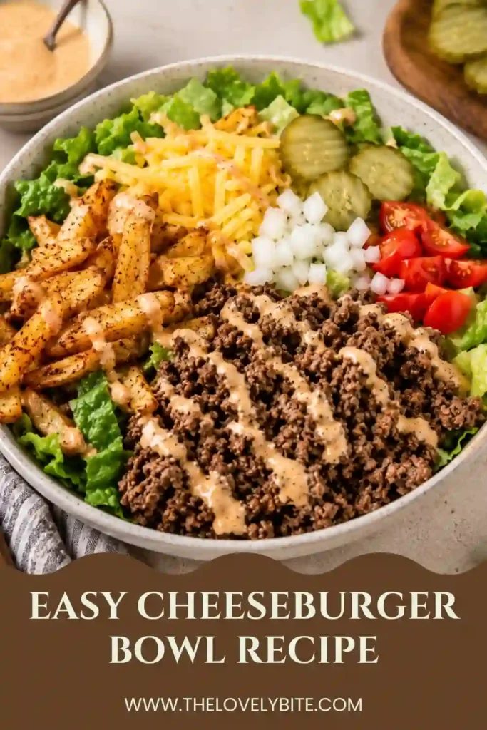 Colorful Burger Bowls served with crispy potatoes, juicy ground beef, fresh vegetables, cheese, pickles, and homemade burger sauce. A delicious meal prep recipe for busy families.