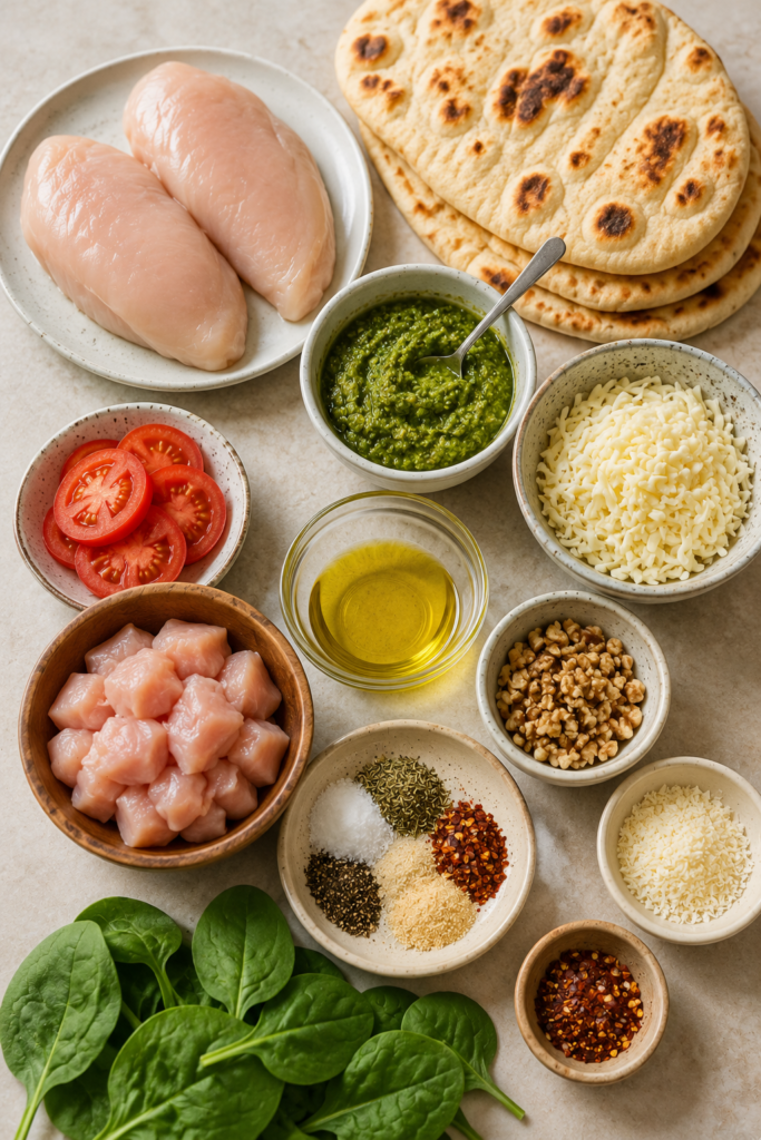 Golden Chicken Pesto Flatbread baked until crispy and topped with pesto-coated chicken, mozzarella, tomatoes, and Parmesan cheese. Perfect for sharing or serving as a quick homemade meal.