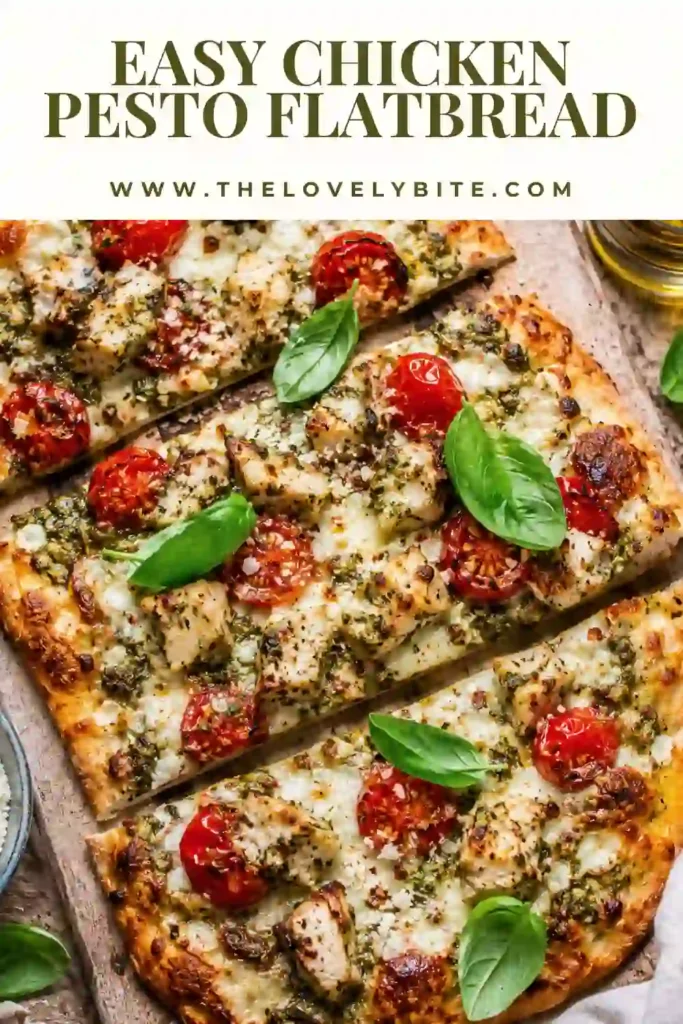 Chicken Pesto Flatbread topped with juicy pesto chicken, melted mozzarella cheese, sliced tomatoes, and fresh herbs on crispy naan bread. This homemade flatbread pizza is perfect for an easy family dinner.