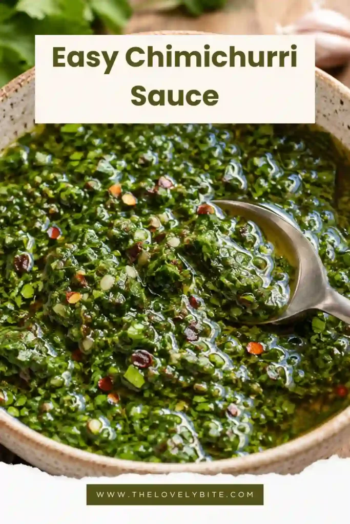 Healthy Chimichurri Sauce with fresh parsley, garlic, oregano, olive oil, and red pepper flakes. A versatile herb sauce for chicken, seafood, and vegetables.