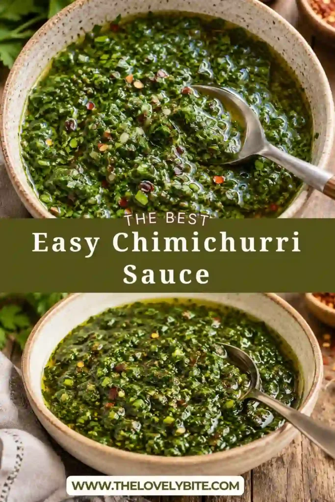 A small bowl of Chimichurri Sauce made with fresh parsley, garlic, olive oil, and herbs. This vibrant green herb sauce is perfect for grilled meats and vegetables.