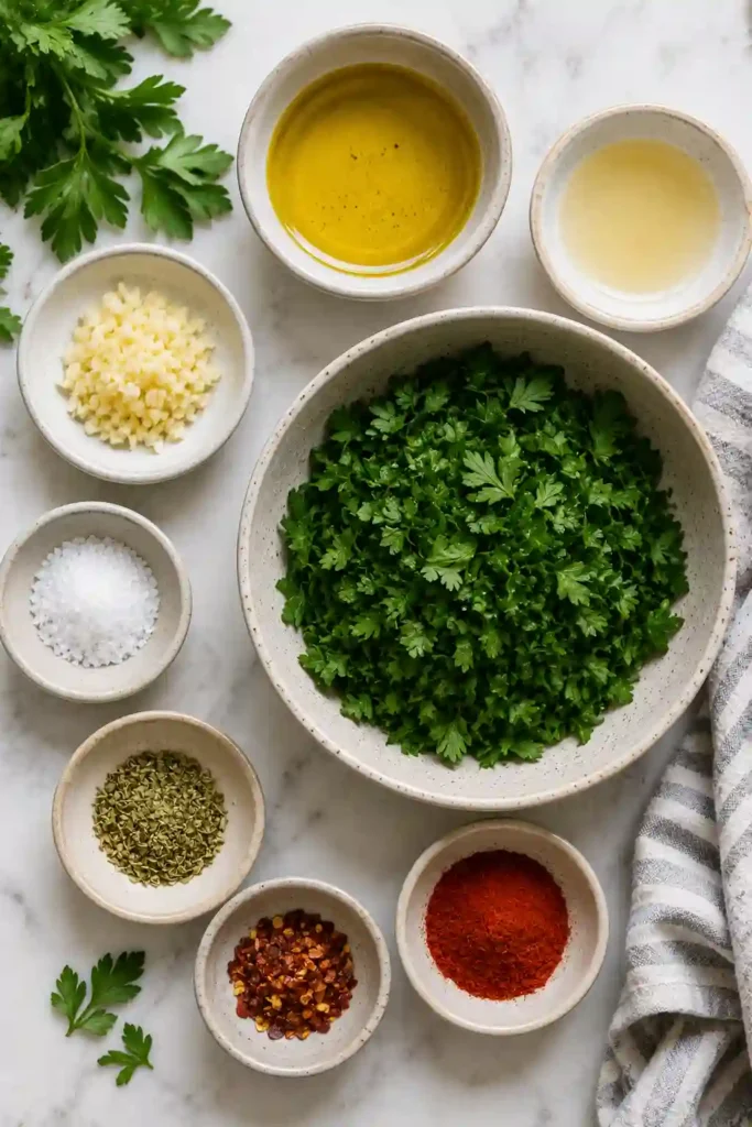 Bright green Chimichurri Sauce served in a small bowl with fresh parsley and garlic on the side. A flavorful homemade garlic herb sauce.