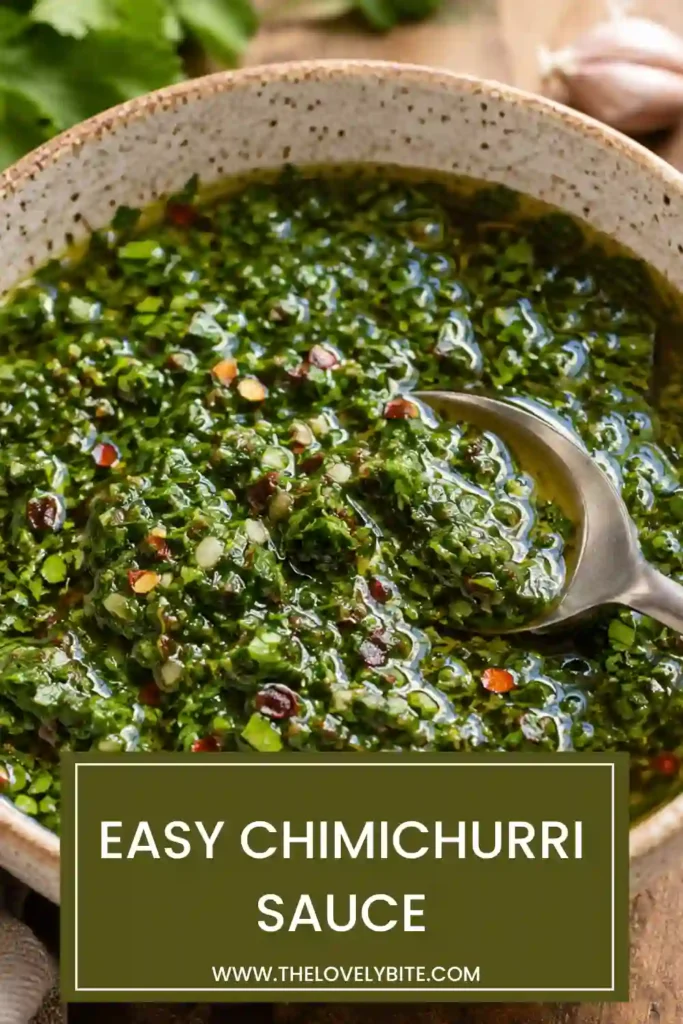 Fresh homemade Chimichurri Sauce featuring chopped parsley, garlic, olive oil, and spices served in a white bowl. An easy Argentinian-inspired condiment.