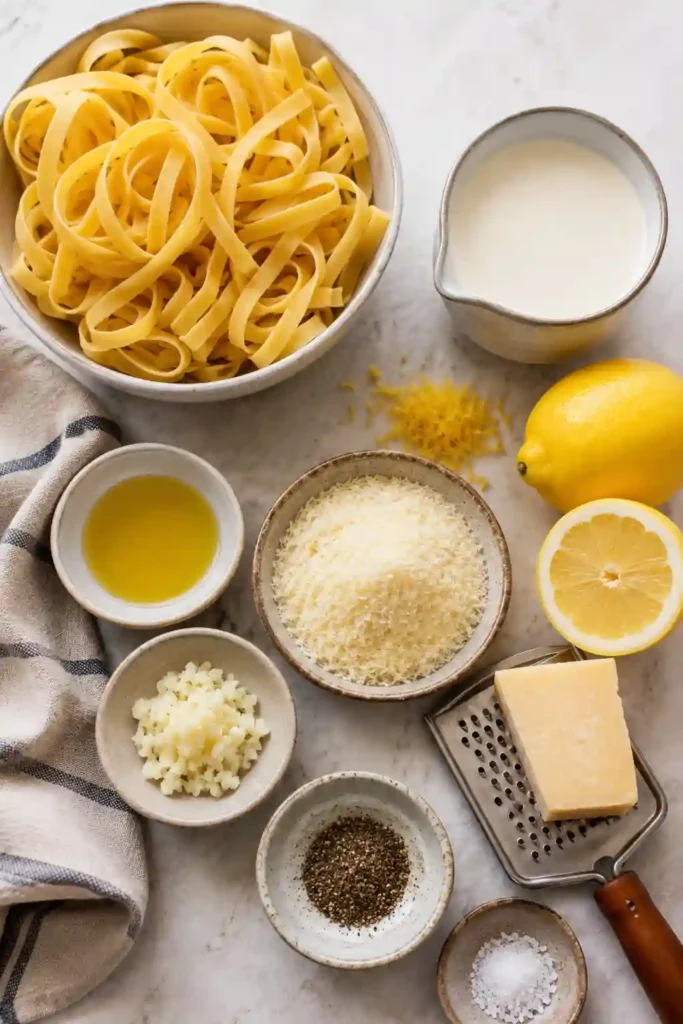 Freshly cooked lemon cream pasta garnished with Parmesan and lemon zest in a serving bowl. This quick pasta recipe is rich, creamy, and perfect for family dinners.