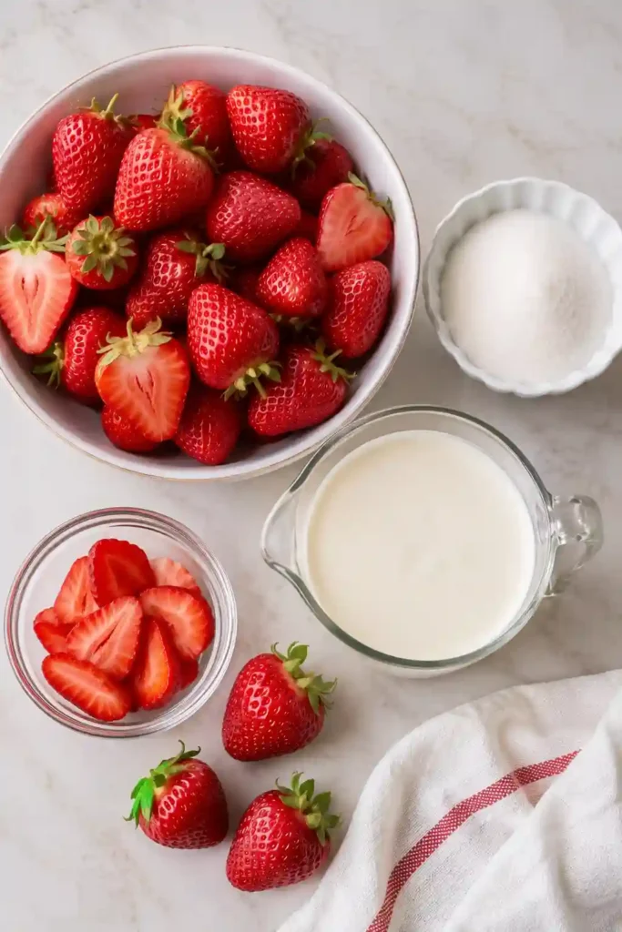 A glass filled with Easy Fresh Strawberry Mousse layered over fresh strawberry puree and topped with sliced strawberries. This creamy homemade strawberry mousse is a refreshing no bake strawberry dessert perfect for summer.