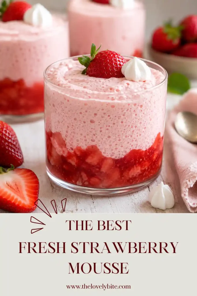 Fresh strawberry mousse served in elegant dessert glasses with juicy sliced strawberries on top. This fresh strawberry dessert is light, creamy, and naturally delicious.