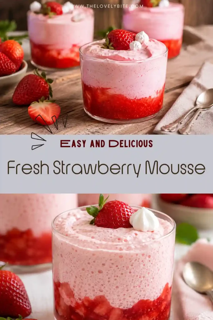 Creamy strawberry mousse in individual dessert cups garnished with fresh strawberries. This easy mousse recipe is fluffy, smooth, and made without baking.