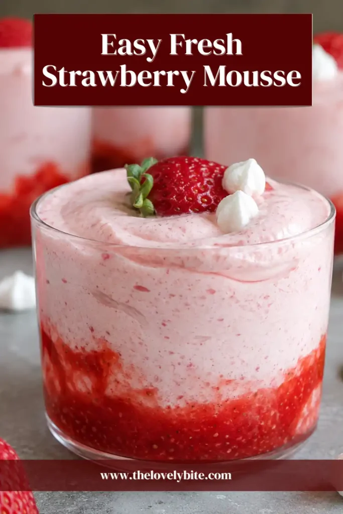 Easy Fresh Strawberry Mousse layered with sweet strawberry puree and topped with ripe sliced strawberries. This creamy strawberry mousse looks elegant and tastes fresh and fruity.
