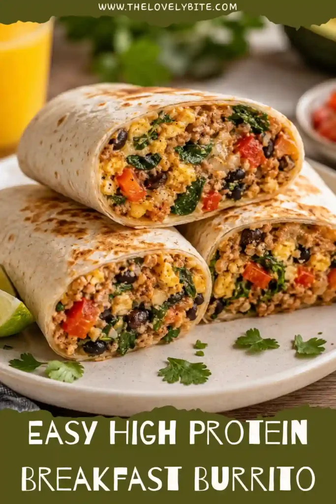 2. Meal prep breakfast burritos filled with seasoned beef, eggs, spinach, black beans, and melted cheddar arranged on a serving board.