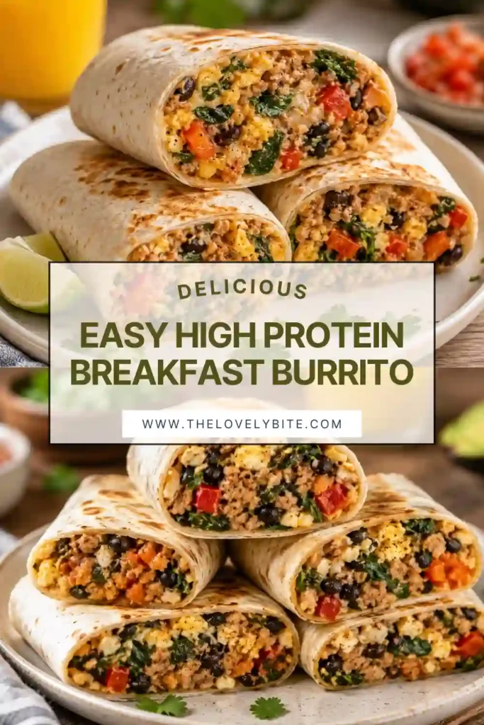 1. Easy High Protein Breakfast Burrito sliced in half, revealing lean beef, eggs, black beans, spinach, cheddar cheese, and cottage cheese inside a toasted tortilla.