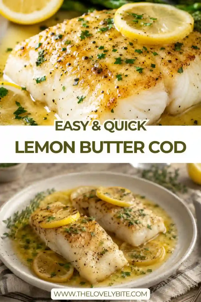 Easy Lemon Butter Cod served with fresh parsley and lemon wedges. The flaky pan seared cod is coated in a rich garlic butter sauce with bright citrus flavor.