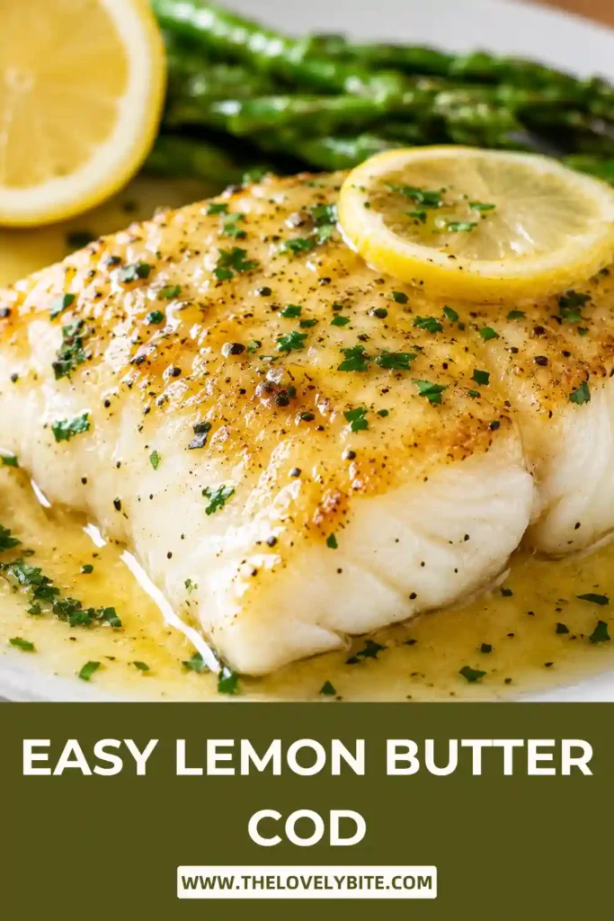 Golden pan seared cod fillets topped with homemade lemon butter sauce. This healthy fish recipe makes a quick and flavorful seafood dinner.