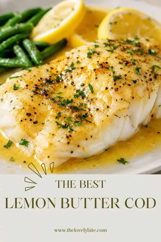 Close-up of Easy Lemon Butter Cod with fresh herbs and lemon slices. Tender cod is finished with buttery garlic and fresh lemon juice.