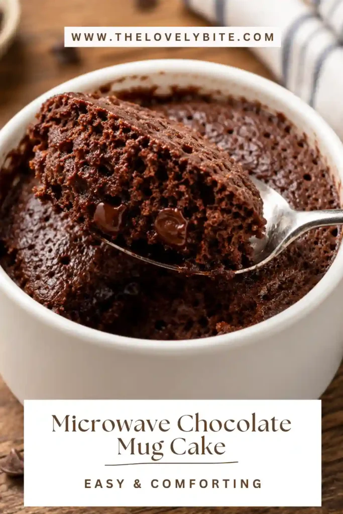 3. Freshly cooked chocolate mug cake with a soft, moist center served in a microwave-safe mug. A quick homemade dessert photographed in natural light.