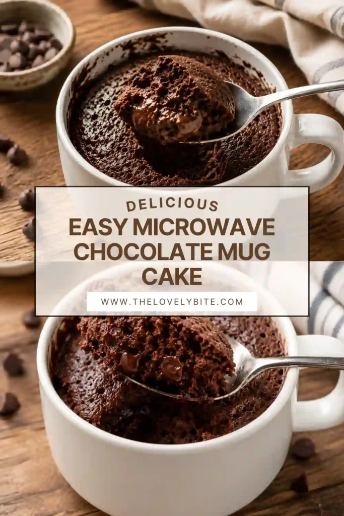 1. A rich chocolate mug cake baked in a white ceramic mug and topped with powdered sugar. The warm dessert is photographed under soft natural lighting.