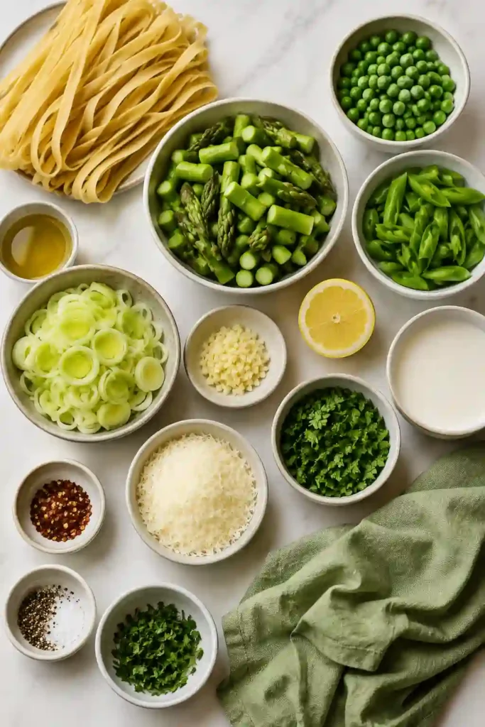A bowl of Easy Pasta Primavera Recipe featuring tagliatelle tossed with asparagus, peas, snap peas, and a creamy lemon Parmesan sauce. Fresh herbs and grated cheese finish this colorful spring pasta.
