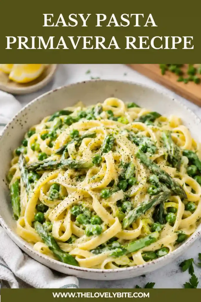 Creamy vegetable pasta with asparagus, peas, parsley, and lemon zest served in a white bowl. This Easy Pasta Primavera Recipe makes a delicious vegetarian dinner.