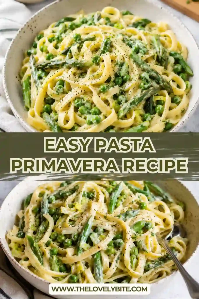 A close-up of creamy Pasta Primavera with asparagus, snap peas, peas, and herbs tossed in a rich Parmesan sauce. This easy pasta recipe is ideal for family dinners.