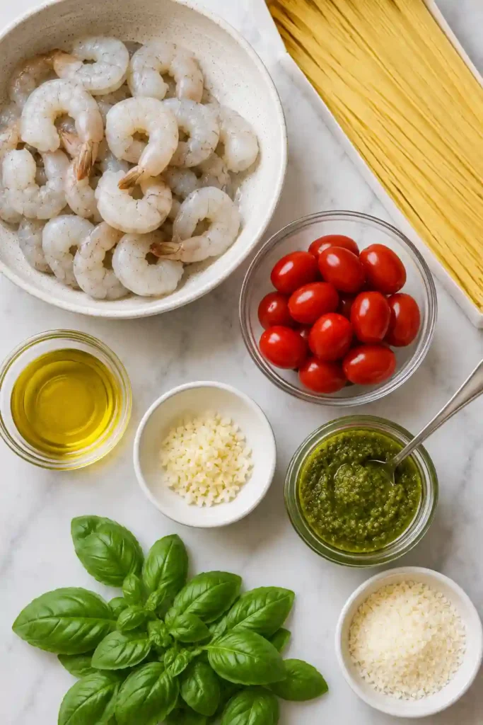 Garlic shrimp and angel hair pasta coated in creamy basil pesto with burst tomatoes and Parmesan cheese. A colorful homemade Italian-inspired pasta recipe.