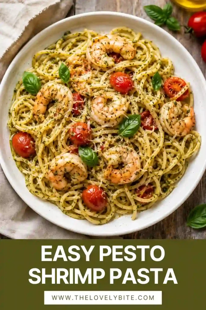 Fresh Pesto Shrimp Pasta served in a white bowl with vibrant basil pesto, succulent shrimp, juicy tomatoes, and Parmesan cheese. A quick weeknight seafood meal.