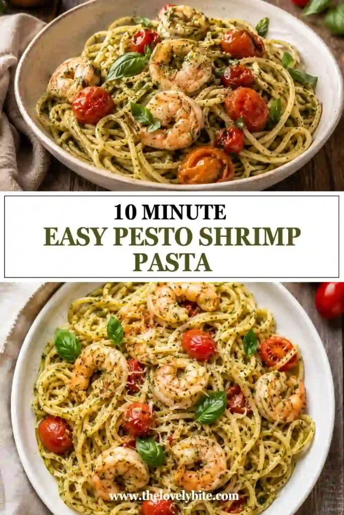 Tender shrimp tossed with basil pesto, garlic, grape tomatoes, and angel hair pasta in a light Italian-inspired dinner. Finished with freshly grated Parmesan.
