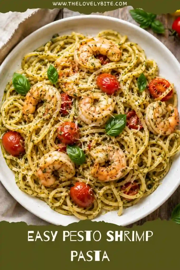 A bowl of Pesto Shrimp Pasta with angel hair pasta, juicy shrimp, burst grape tomatoes, basil pesto, and grated Parmesan cheese. This easy seafood pasta is fresh and full of flavor.