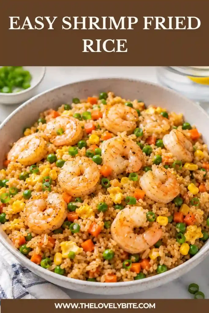 A bowl of Easy Shrimp Fried Rice filled with juicy shrimp, fluffy rice, colorful peas, carrots, corn, and green onions. This homemade shrimp fried rice looks fresh, flavorful, and better than takeout.