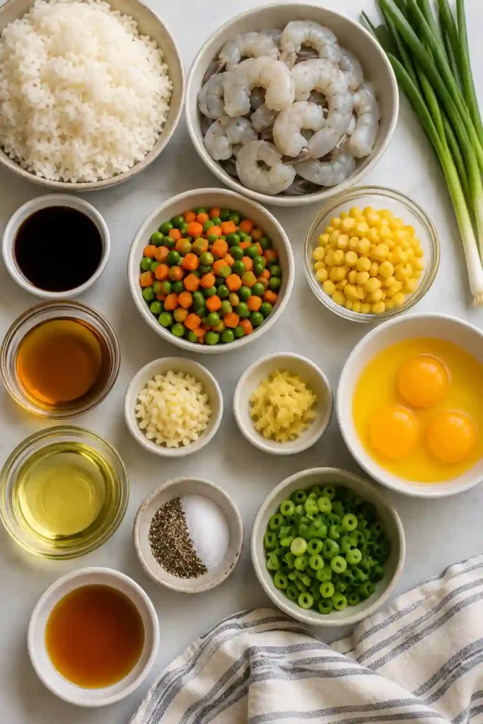 Restaurant-style Easy Shrimp Fried Rice prepared in a skillet with shrimp, vegetables, eggs, and soy sauce. A colorful and flavorful better than takeout recipe.