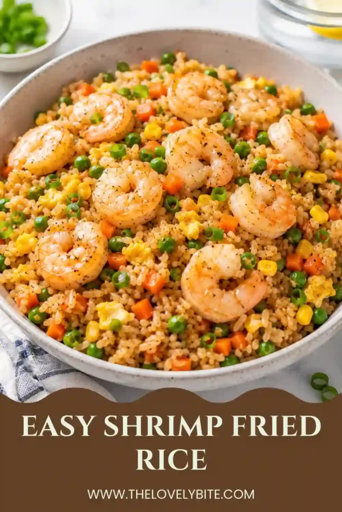 Close-up of homemade Easy Shrimp Fried Rice featuring succulent shrimp, fluffy long-grain rice, peas, carrots, corn, and green onions. A quick and satisfying family meal.