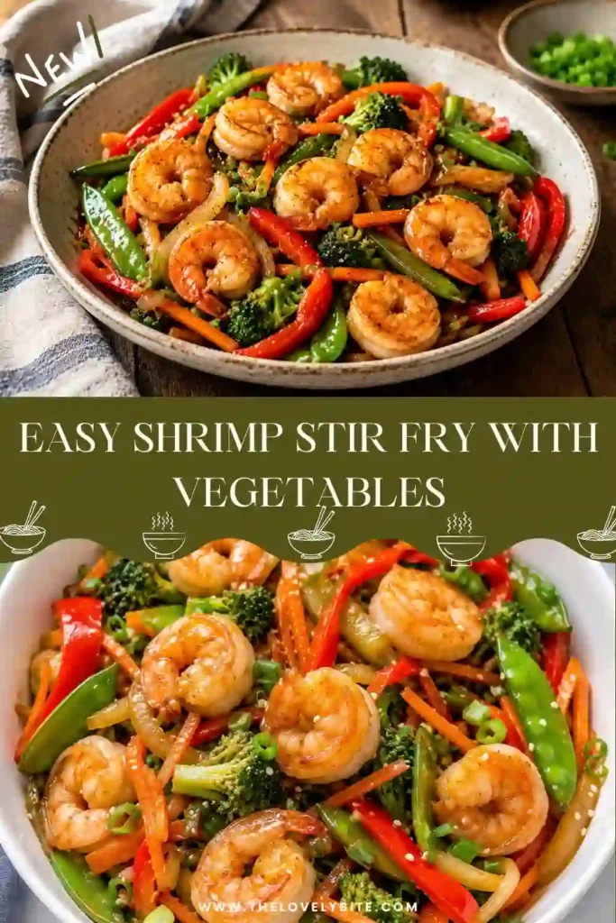 Easy Shrimp Stir Fry served in a white bowl with fresh vegetables and sesame seed garnish. A colorful one-pan dinner packed with protein and flavor.